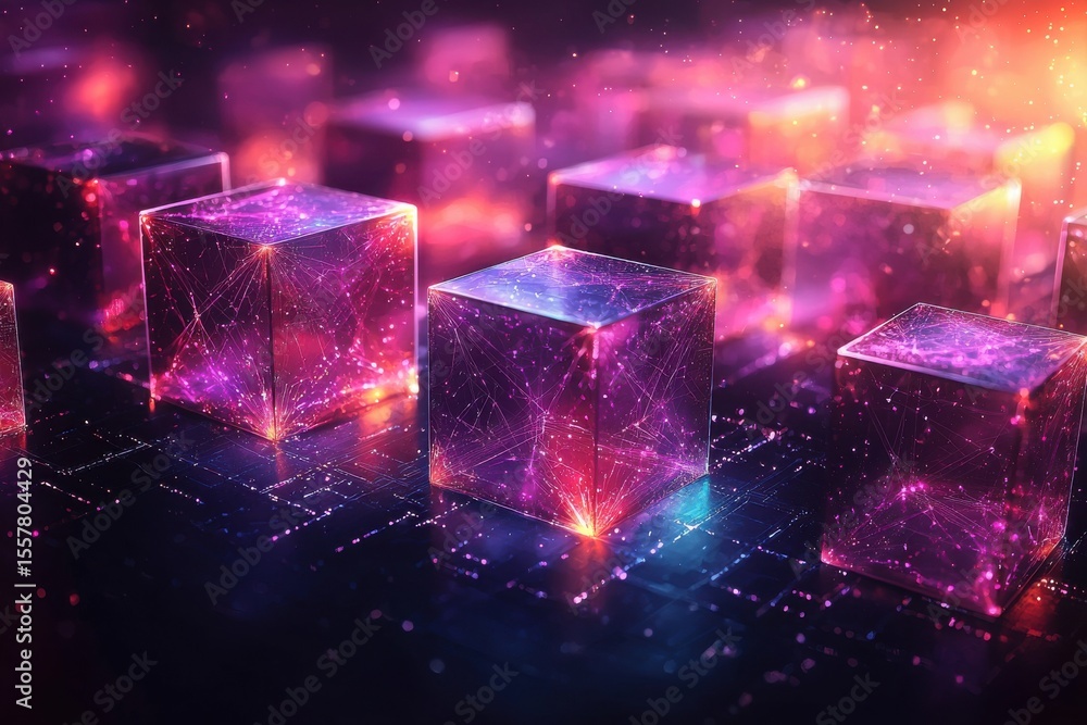 Poster futuristic glowing digital cubes with vibrant colors and interconnected patterns
