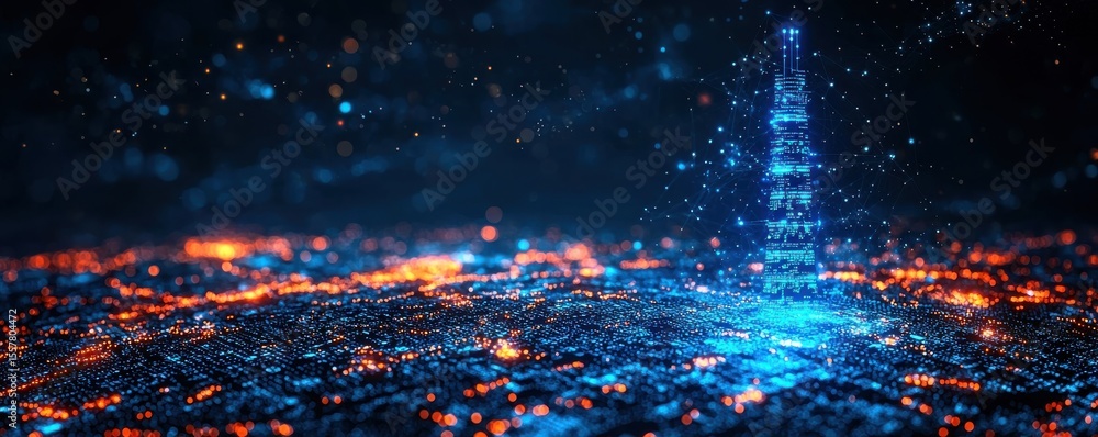 Poster digital network illustration with neon visuals and a central tower structure