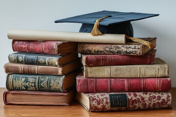 Graduation cap and diplomas resting on old books