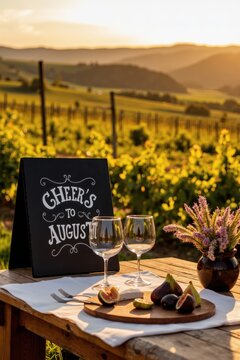 a table with wine glasses and a sign that says cheers to august