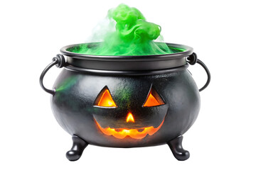 Black Halloween cauldron with glowing jack o lantern face and bubbling green smoke isolated on a transparent background 1