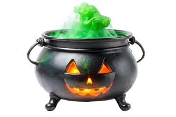 Black Halloween cauldron with glowing jack o lantern face and bubbling green smoke isolated on a transparent background 1