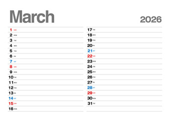 スケジュールが書き込める2026年3月のカレンダーです。
