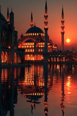 Fototapeta premium A grand mosque at sunset reflects in still, water