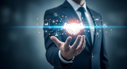 A businessman's hand displays a digital handshake, representing modern business partnerships and technological advancements.