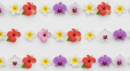 Three horizontal rows of various colorful tropical flowers, including orchids, hibiscus, and plumeria, arranged against a white background