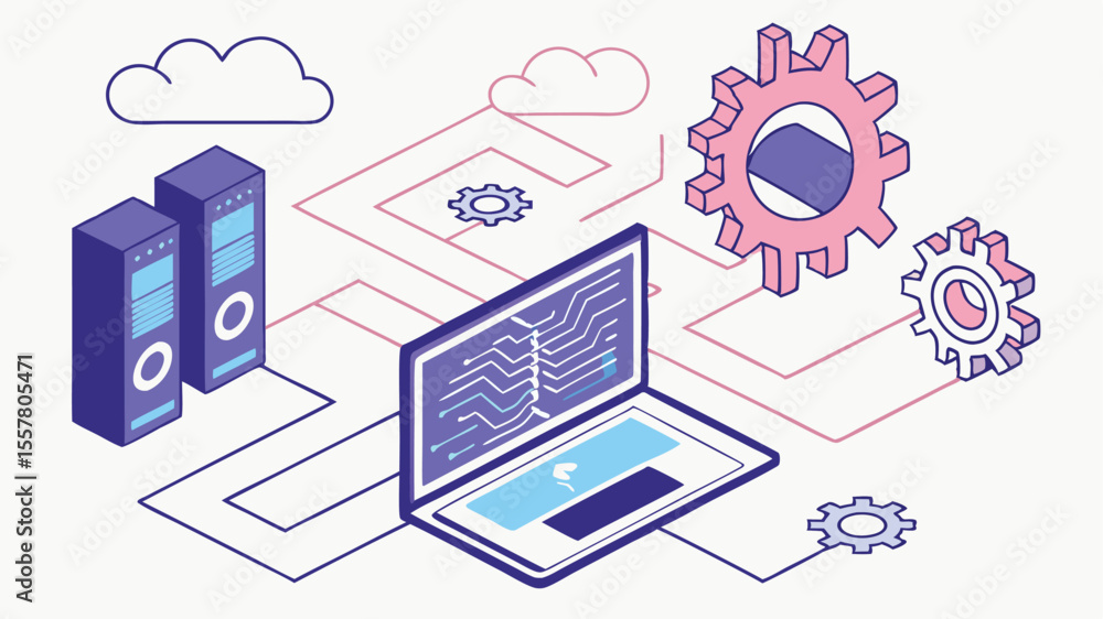 Fototapete advanced technology, futuristic computing isometric vector illustration of data networks and servers