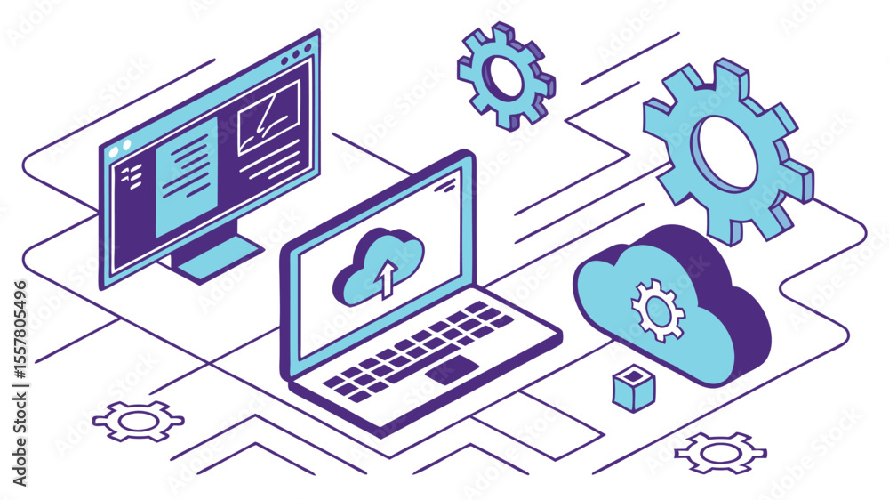 Aufkleber futuristic technology cloud computing, data processing, and software development vector illustration