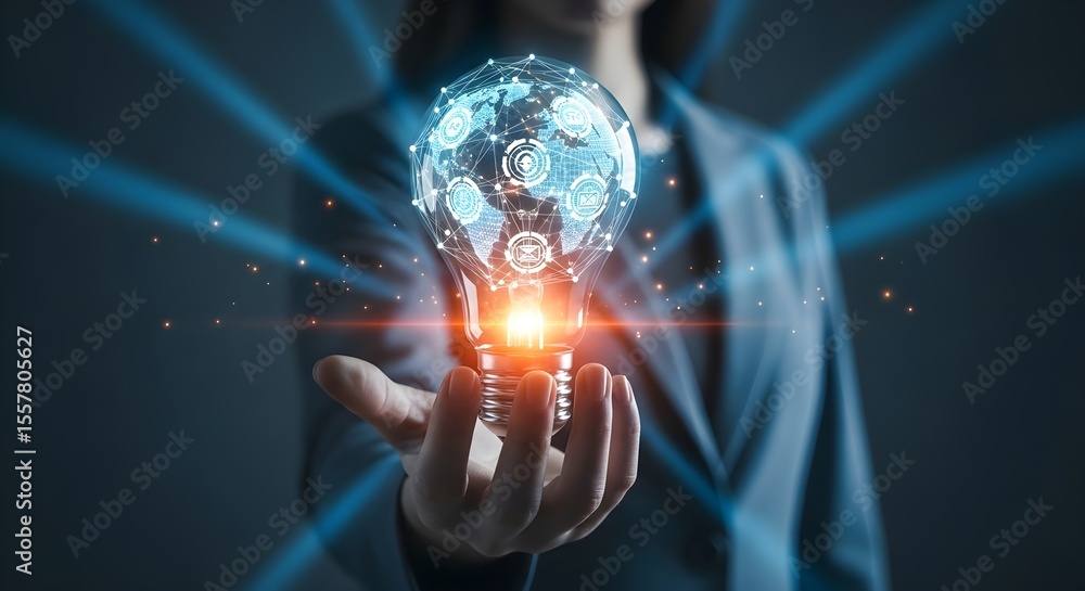 Poster a businessman's hand touches a virtual screen with a global network map on an abstract blue backgrou