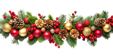 Christmas garland with pine cones red berries gold and red baubles isolated on a transparent background