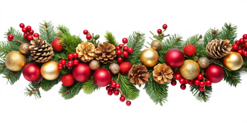 Christmas garland with pine cones red berries gold and red baubles isolated on a transparent background