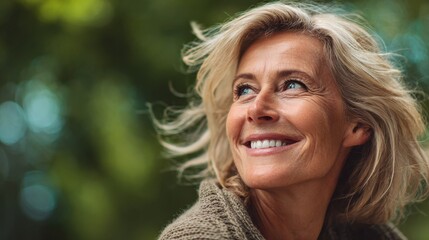Portrait of smiling mature woman enjoying wonderful sunny day in nature. Active lifestyle