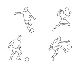 Minimalist line art of four football players in various dynamic poses with a ball. Black outlines, simple vector style showing action, movement, and sports energy.
