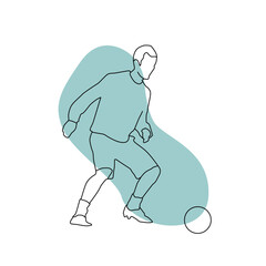 Minimalist line art of a football player dribbling a ball with a blue abstract background. Flat vector style, focused on movement, sports, and simplicity.