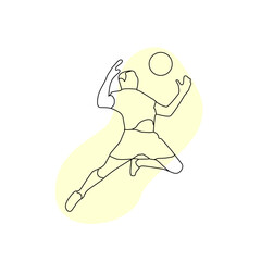 Minimalist line art of a jumping athlete about to hit a ball. Abstract yellow background. Flat vector style showing energy, action, and motion in sports.