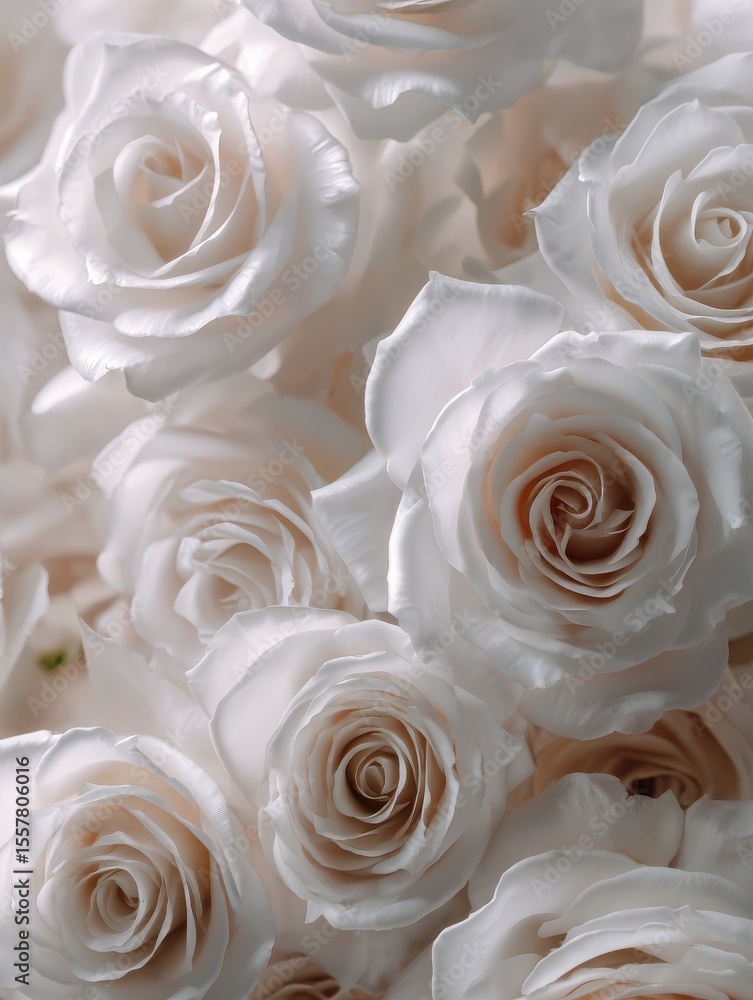 Poster a backdrop of white roses with a soft focus and copy space, perfect for a website header design.