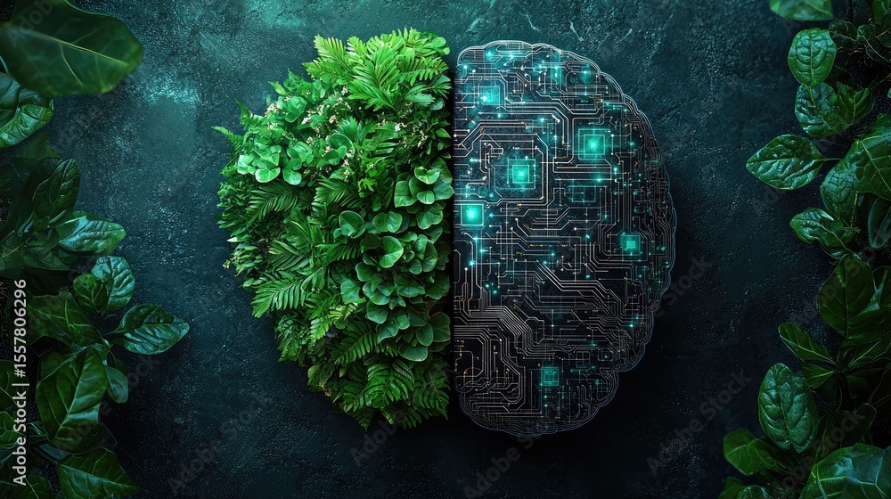 Poster nature and technology intertwined in a conceptual image of a brain.