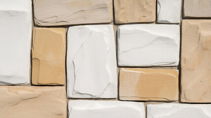 Fototapeta premium Textured Stone Facade: A close-up view reveals the intricate beauty of a stone wall, with a palette of neutral colors forming a robust and visually pleasing texture.