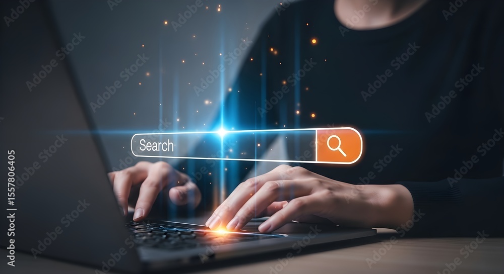 Poster close-up of hands using a laptop, with a search bar interface overlaid. modern technology concept.