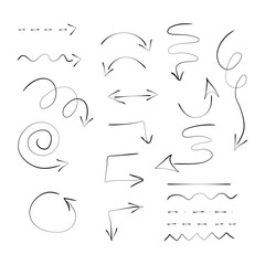 Hand drawn doodle arrows set. Black line arrows and curves in different directions. Sketch style spiral, zigzag, wavy, curved, straight, dashed lines and circles