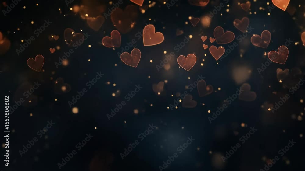 Poster abstract background with glowing heart shapes and shimmering light particles on dark. romantic overl