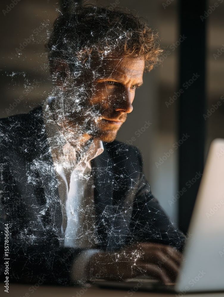 Poster business professional using a laptop with artificial intelligence interface. futuristic digital tech