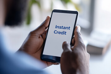 A person uses a smartphone with the words 'Instant Credit' on the screen, suggesting quick access to financing or a loan option.
