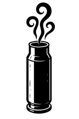 Stylized black and white vector illustration of a smoking bullet casing, conveying post-fire action, danger, or a dramatic effect for intense designs.