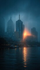 Obraz premium A moody city skyline shrouded in mist, with golden sun glow