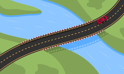 Aerial view of a red car crossing a curved bridge over a river with green surroundings. Flat vector style concept of driving, travel, and transportation on infrastructure.