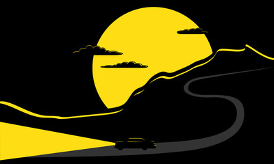 Stylized vector illustration of a night drive through winding mountain roads under a yellow sunset. Car headlights cut through the darkness. Minimal travel and adventure concept.