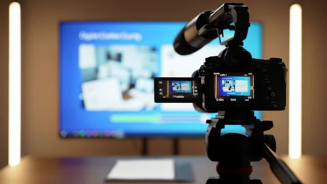 A camera records a monitor displaying a conference positioned on a table
