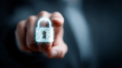 A businessman's hand holds a glowing digital padlock shield icon, symbolizing cybersecurity, data protection, and privacy. Modern tech visual with blurred background and caption space on the side.

