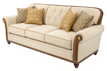 Cream upholstered three seater sofa with patterned throw pillows and wooden trim couch furniture isolated on a transparent background