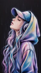 Emotional Boho Anime Girl in Rain – Mixed Media Portrait
