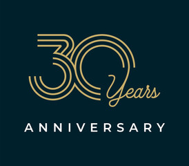 30 Years Anniversary design vector illustration. Unique 30 years logo design template. In gold color