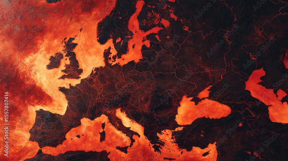 Aufkleber a map of europe is rendered in fiery red-orange tones, creating a striking and intense visual repres