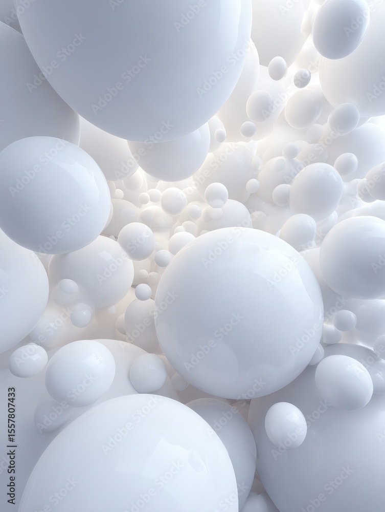 Poster a soft, abstract background featuring multiple white spheres of varying sizes floating in a smooth, 