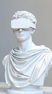 White marble bust statue of ancient greek man with VR glasses. Metaverse virtual reality and future technology concept. AI art 3D rendering animation.