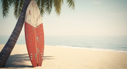 A vintage wooden surfboard with peeling paint leaning on a palm tree