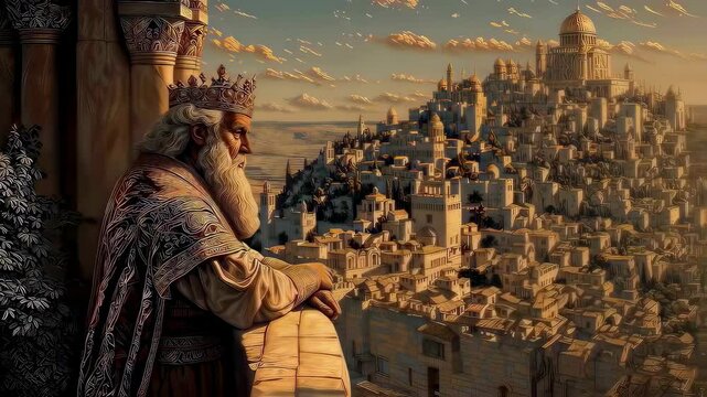 King Solomon in golden robes on temple balcony overlooking ancient Jerusalem. Seamless orbital camera movement around the biblical king at sunset. Features Hebrew patterns, ornate crown