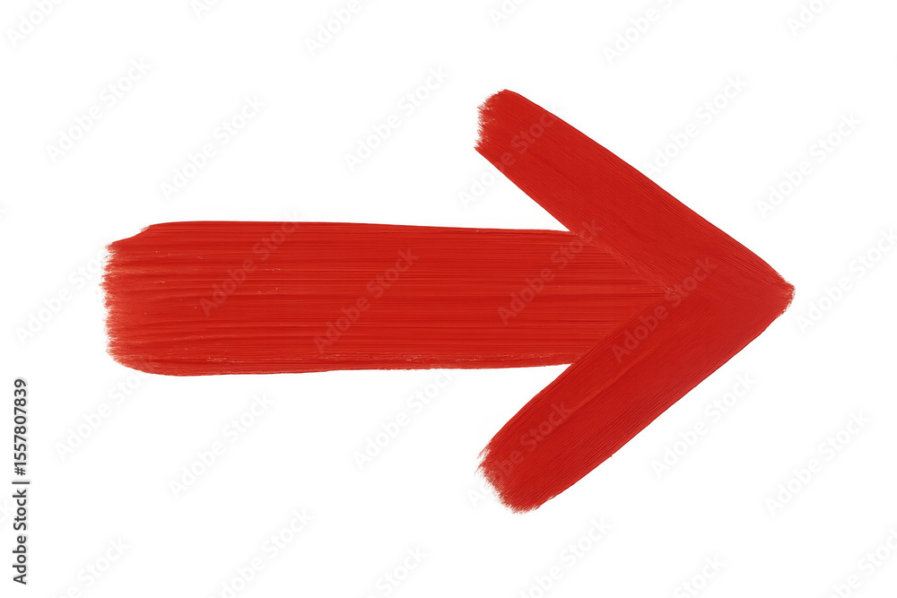Poster red arrow pointing right, crafted with dynamic brushstrokes, showcased on a transparent background f