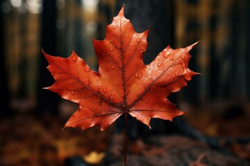 Vibrant red maple leaf covered in glistening raindrops against a blurred autumn forest background