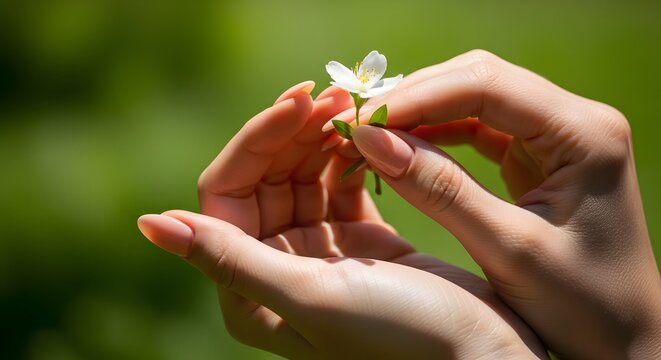 Woman's Delicate Hands Holding a Single White Flower Against a Soft Green Background, Symbolizing Nature's Beauty and Fragility