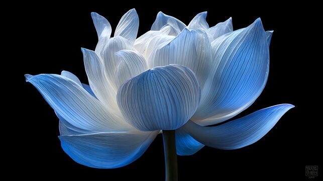 A pale blue and white lotus flower floats on a black background, its petals slightly curled with fine veins visible. Studio lighting enhances the translucency and elegance of the bloom