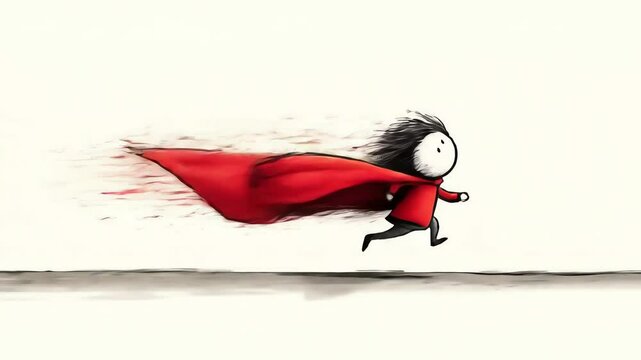 A figure in a red cape runs with windblown hair against a creamcolored background
