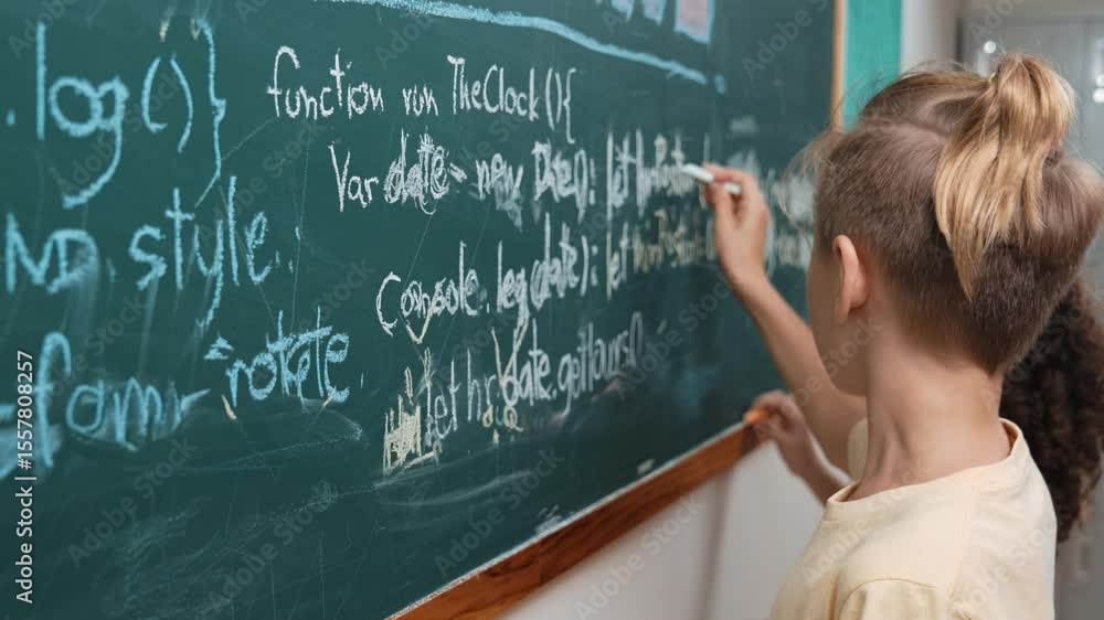 Poster diverse student studying coding engineering prompt while writing answer on blackboard. intelligence 