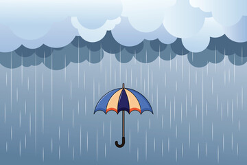 Vector flat illustration of umbrella in rain with gentle drops, cartoon pastel design for children’s content, baby shower themes, and kids room visuals
