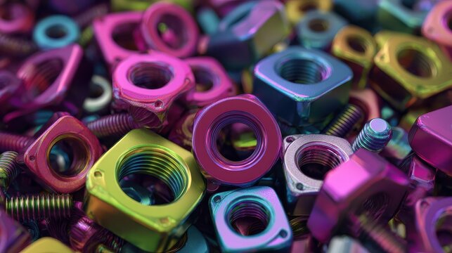 Colorful anodized aluminum parts, including nuts and bolts, are displayed in close-up. The vibrant colors of the metal components add vibrancy to the background.