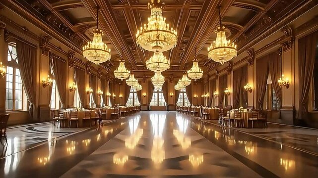 Elegant ballroom illuminated with chandeliers, creating a beautiful setting for a wedding or formal event
